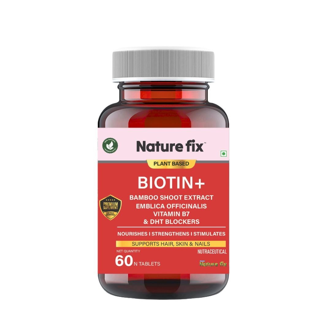 Nature Fix Biotin+ with Bamboo Shoot Extract, Emblica Officinalis, Vitamin B7 & DHT Blockers | Supports Hair, Skin & Nails – 60 Tablets